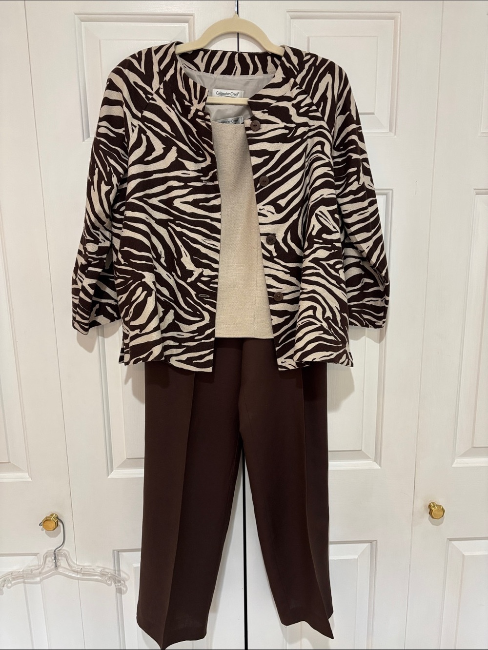 Coldwater Creek 3 Piece Zebra-Print Button Jacket, Tank Top & Pants Size 8 EUC